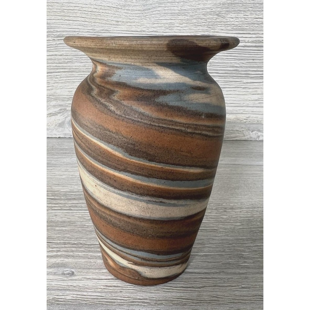 Antique 1920's Niloak Pottery Mission Swirl Vase 5" Tall Blue Earth Tones